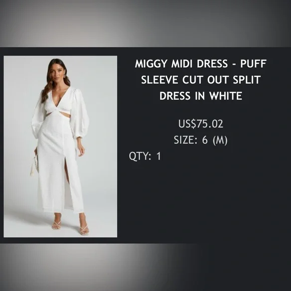 Showpo Miggy Midi Dress, White, puff sleeves - Picture 3 of 4